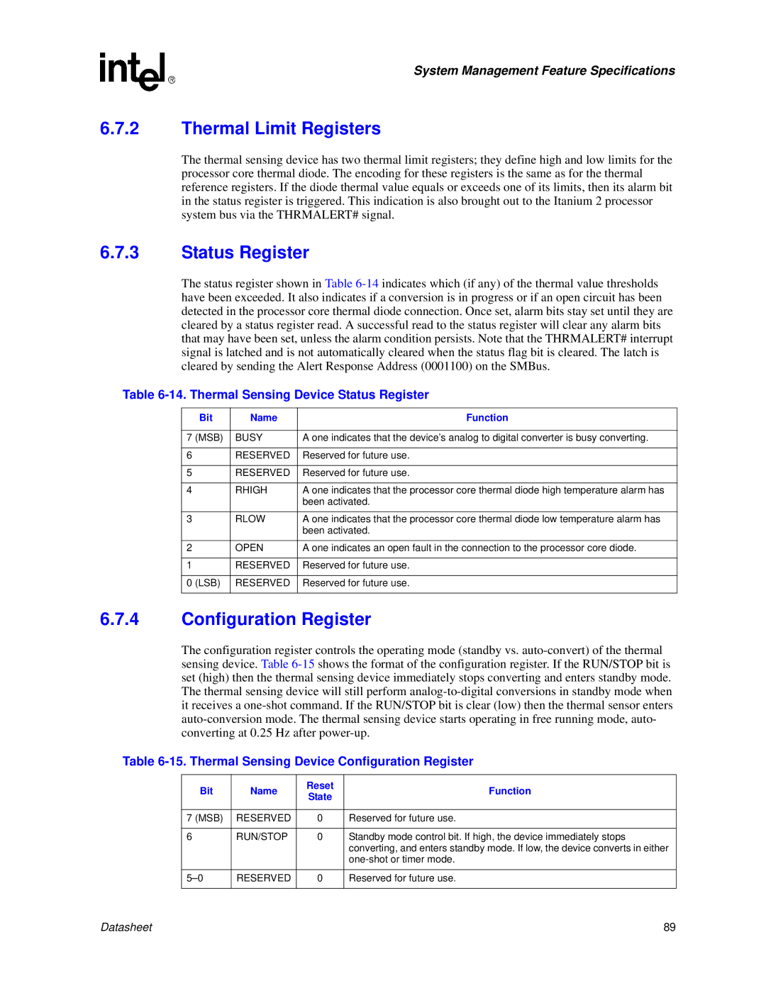 Intel Itanium 2 Processor manual Thermal Limit Registers, Status Register, Configuration Register 