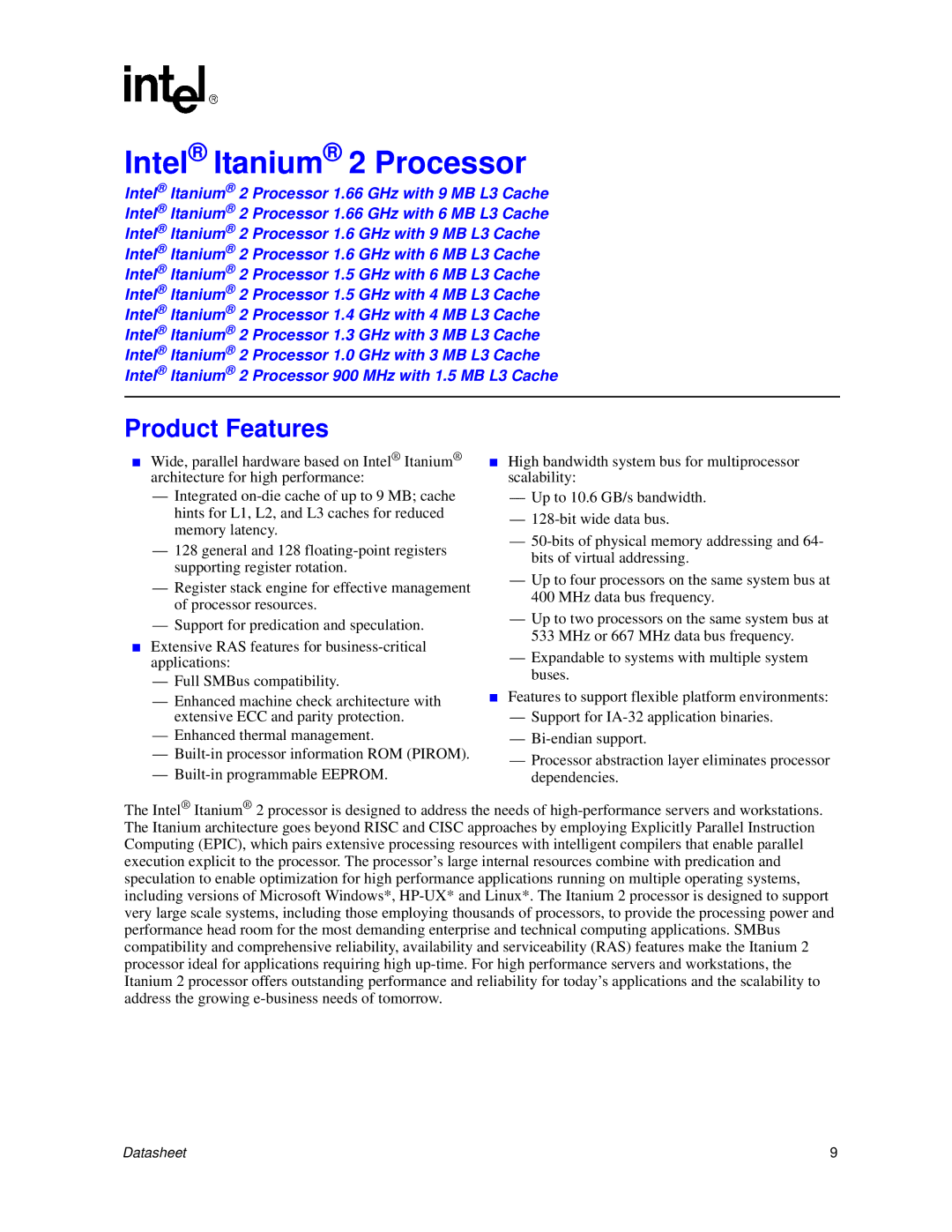 Intel manual Intel Itanium 2 Processor, Product Features 