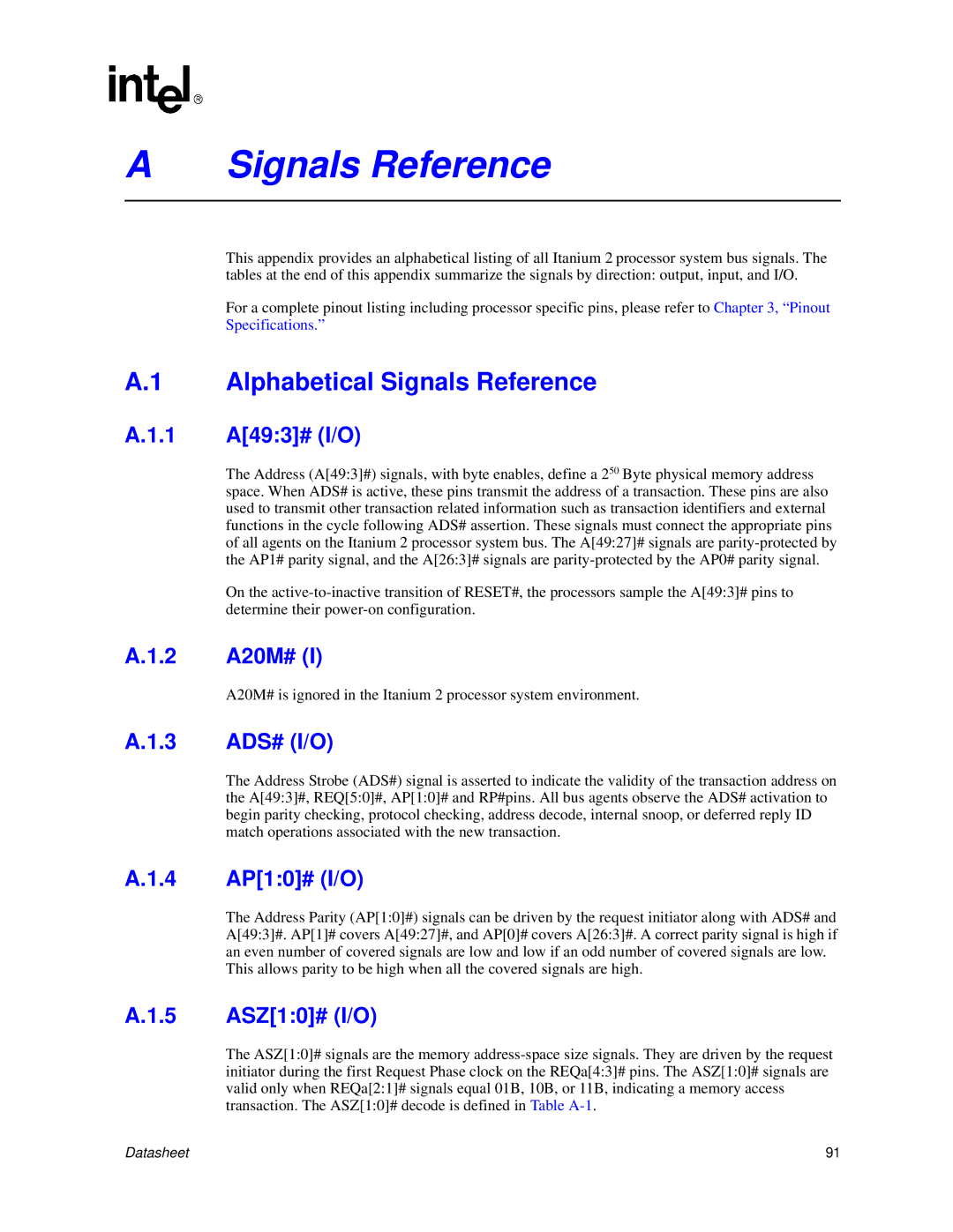 Intel Itanium 2 Processor manual Alphabetical Signals Reference 