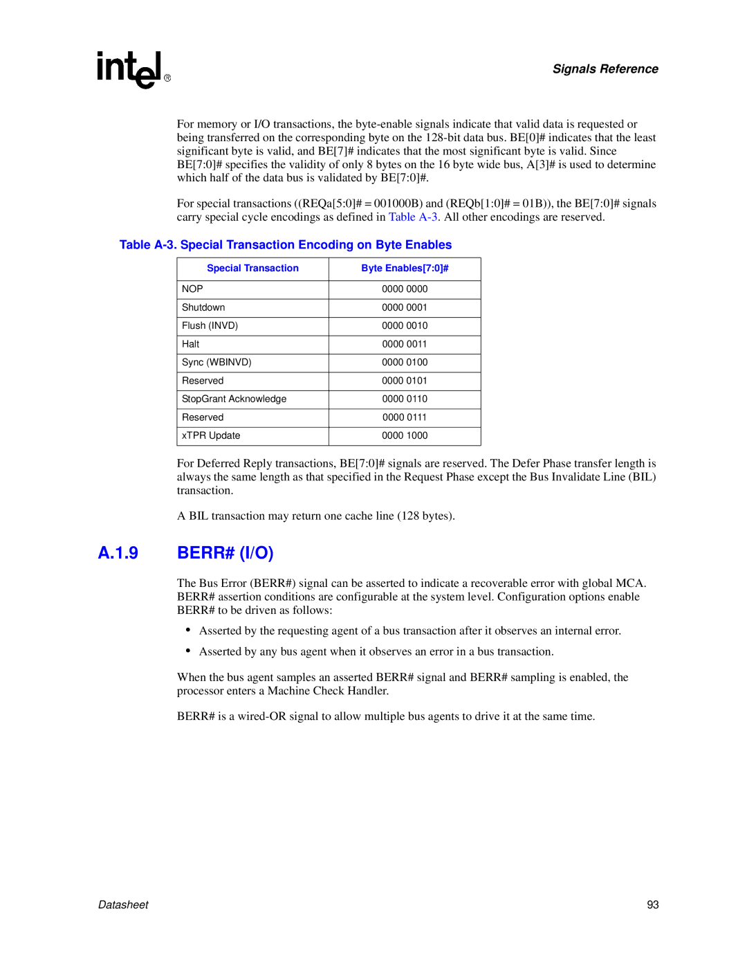 Intel Itanium 2 Processor manual Berr# I/O, Table A-3. Special Transaction Encoding on Byte Enables 