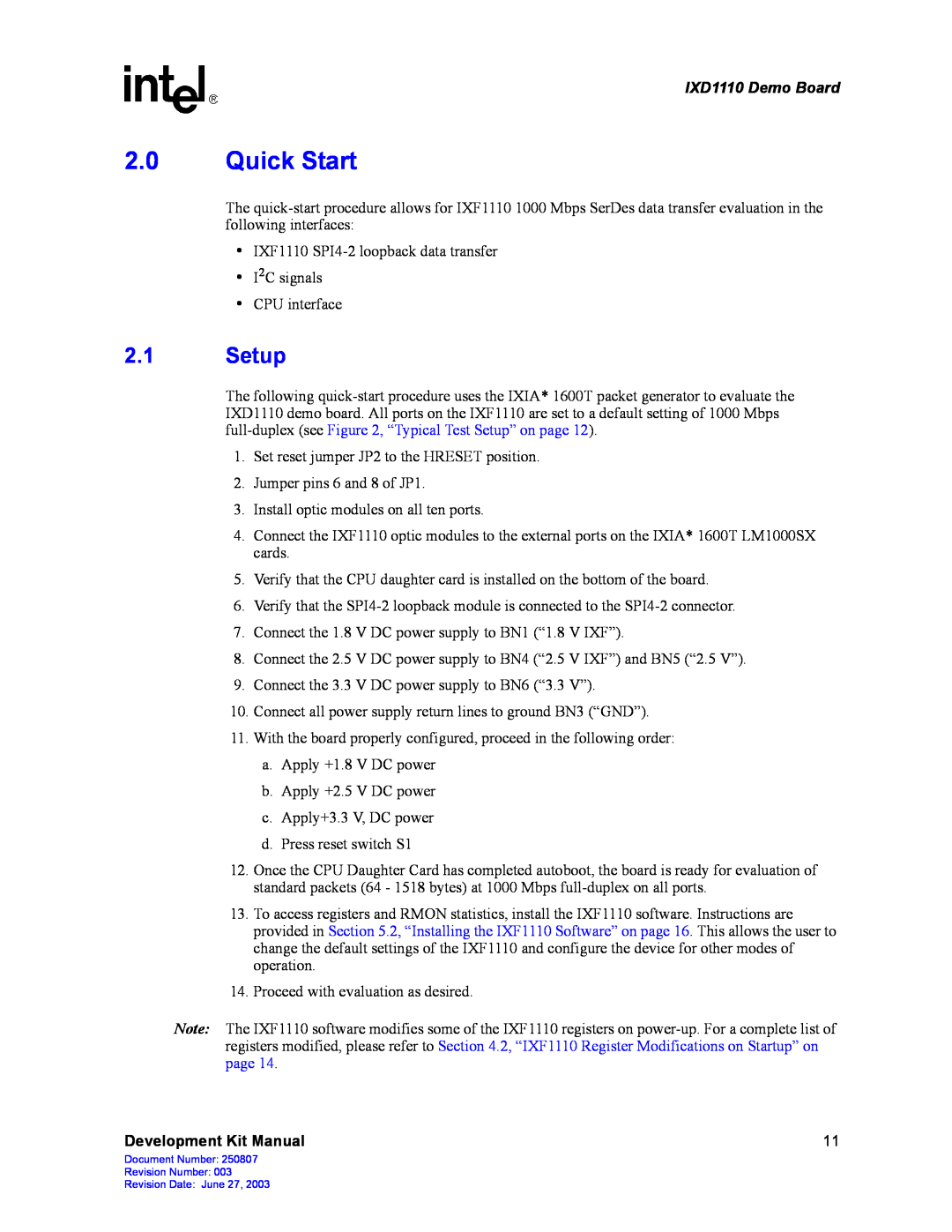 Intel manual Quick Start, Setup, IXD1110 Demo Board, Development Kit Manual 