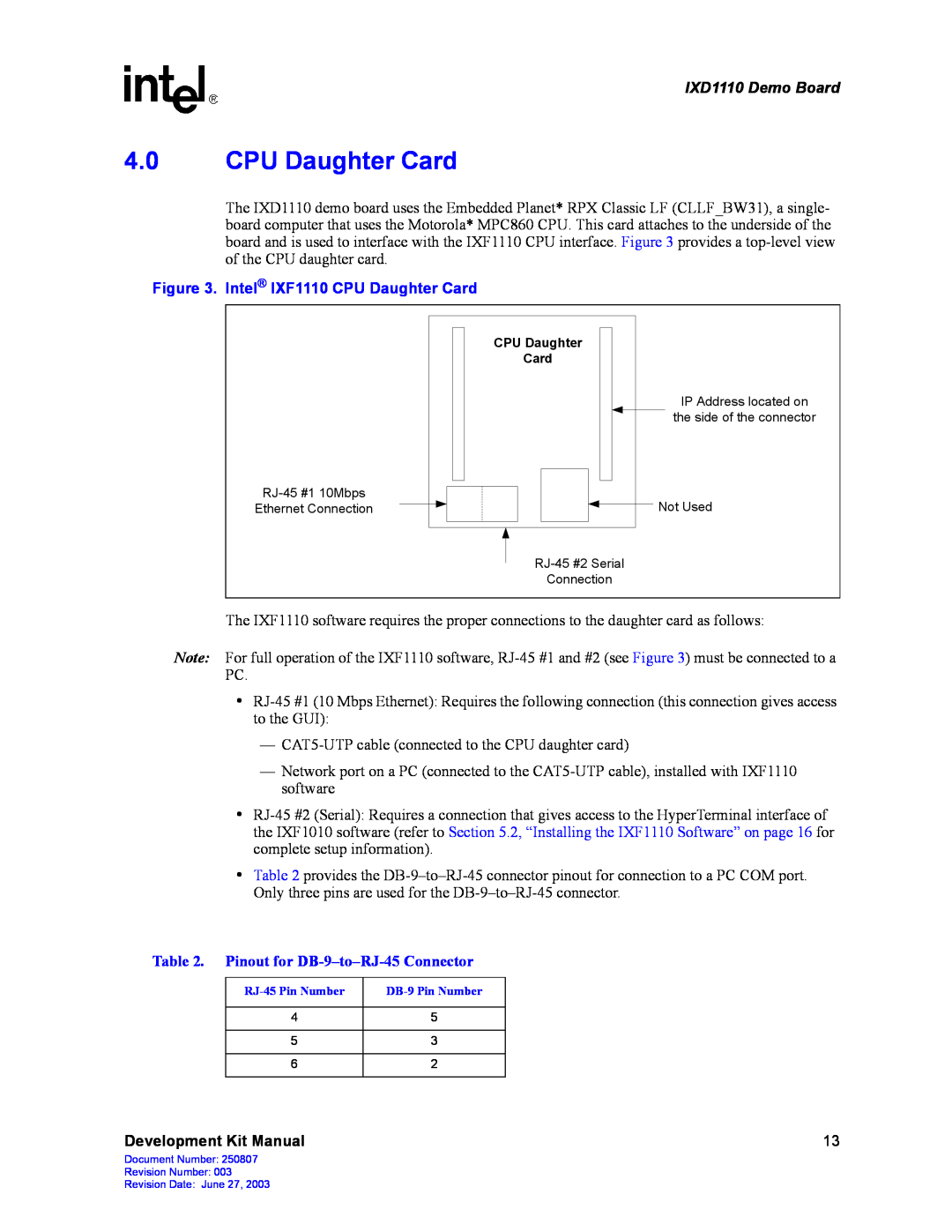 Intel manual Intel IXF1110 CPU Daughter Card, IXD1110 Demo Board, Pinout for DB-9-to-RJ-45 Connector 