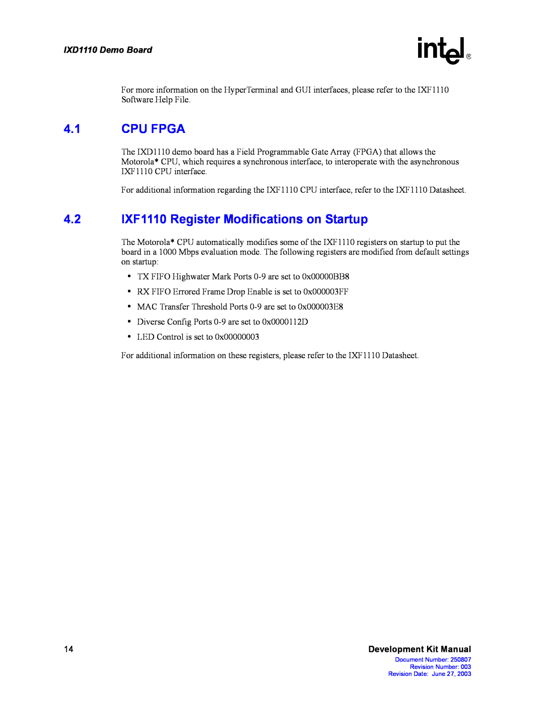 Intel manual Cpu Fpga, 4.2 IXF1110 Register Modifications on Startup, IXD1110 Demo Board 
