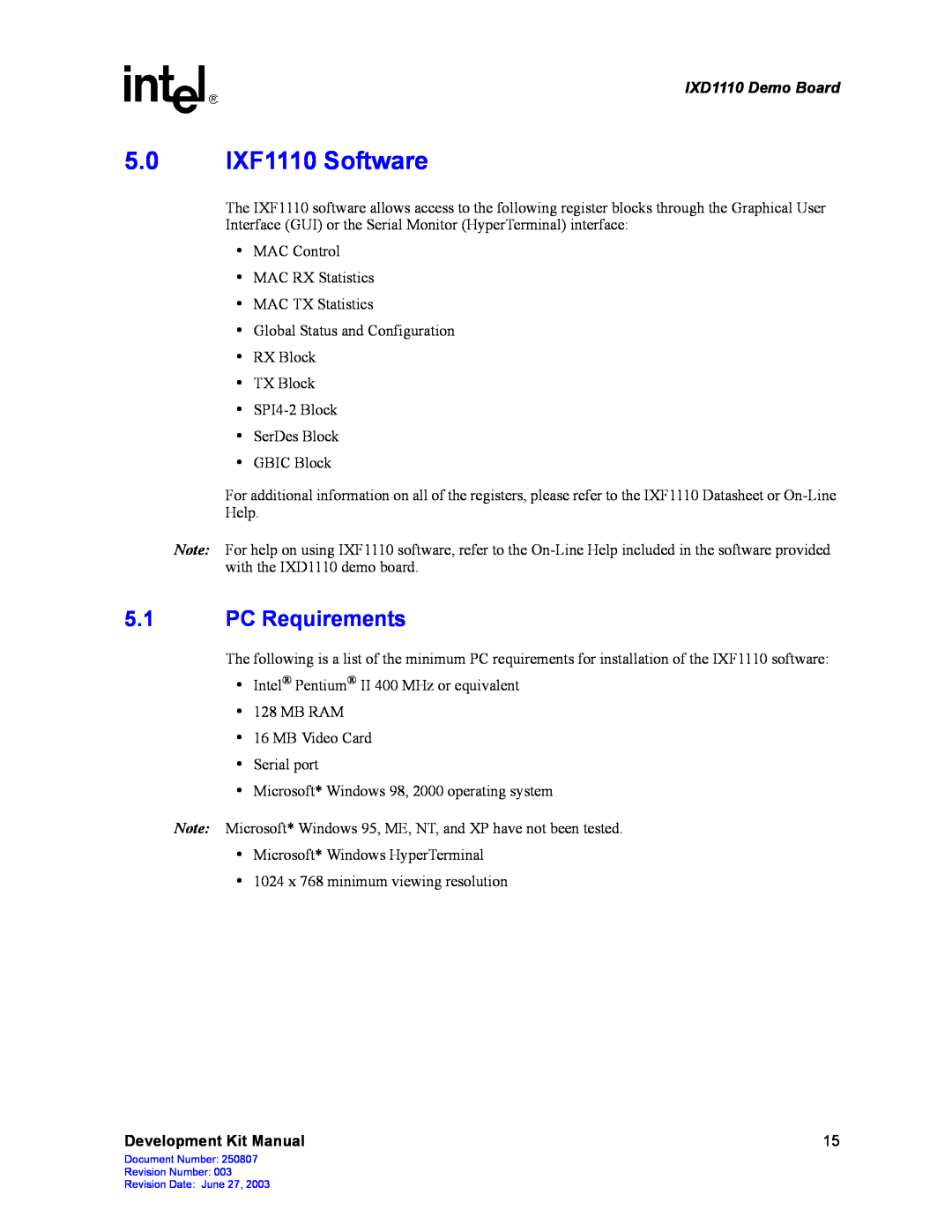 Intel manual 5.0 IXF1110 Software, PC Requirements, IXD1110 Demo Board, Development Kit Manual 