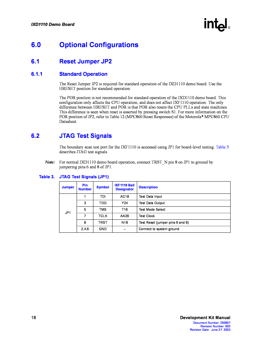 Intel Optional Configurations, Reset Jumper JP2, Standard Operation, JTAG Test Signals JP1, IXD1110 Demo Board 