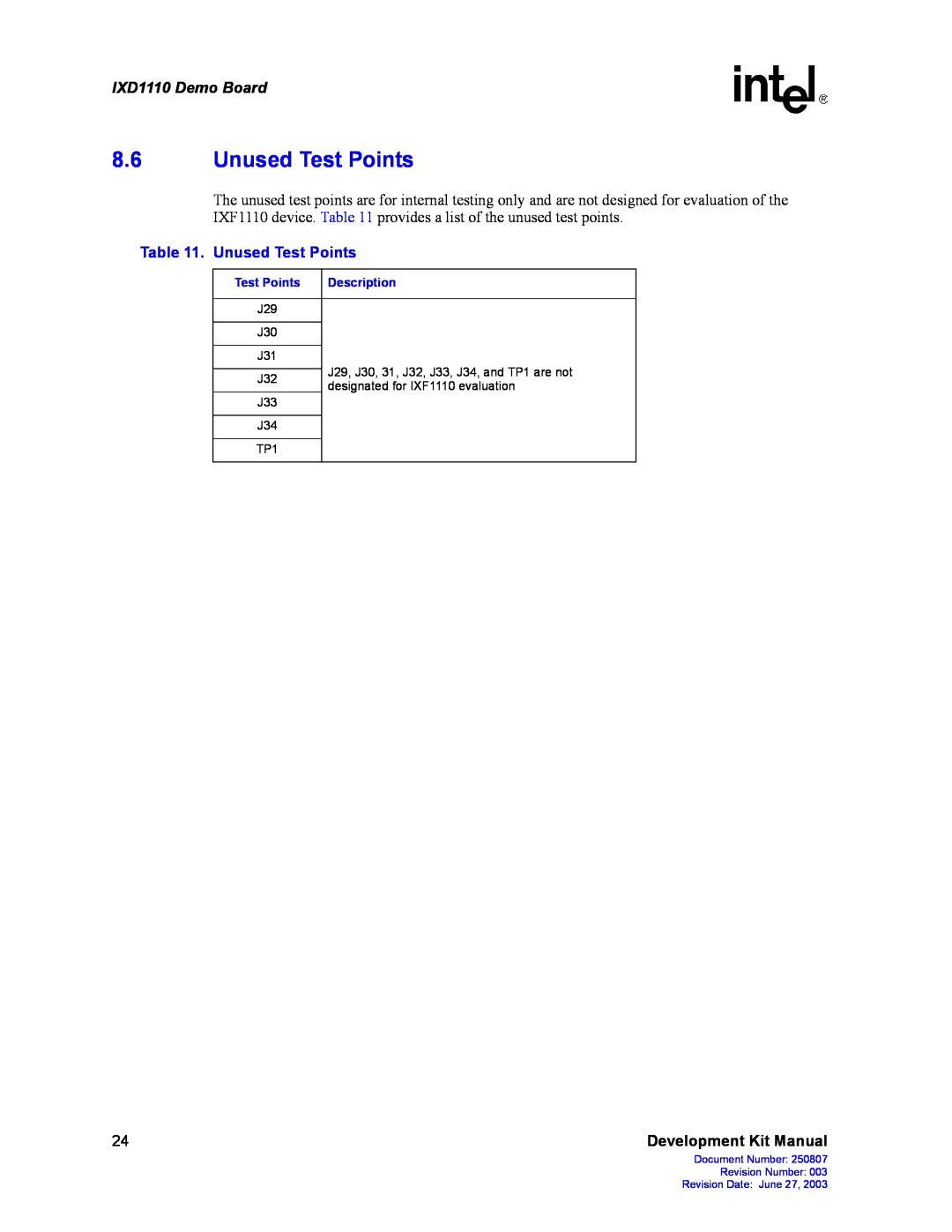 Intel manual Unused Test Points, IXD1110 Demo Board, Development Kit Manual 