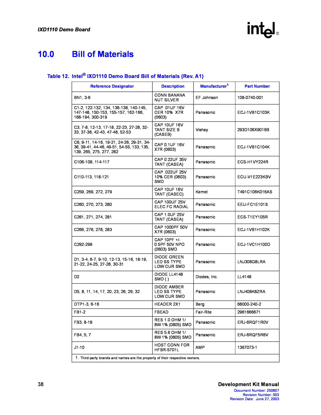 Intel manual Intel IXD1110 Demo Board Bill of Materials Rev. A1, Development Kit Manual 