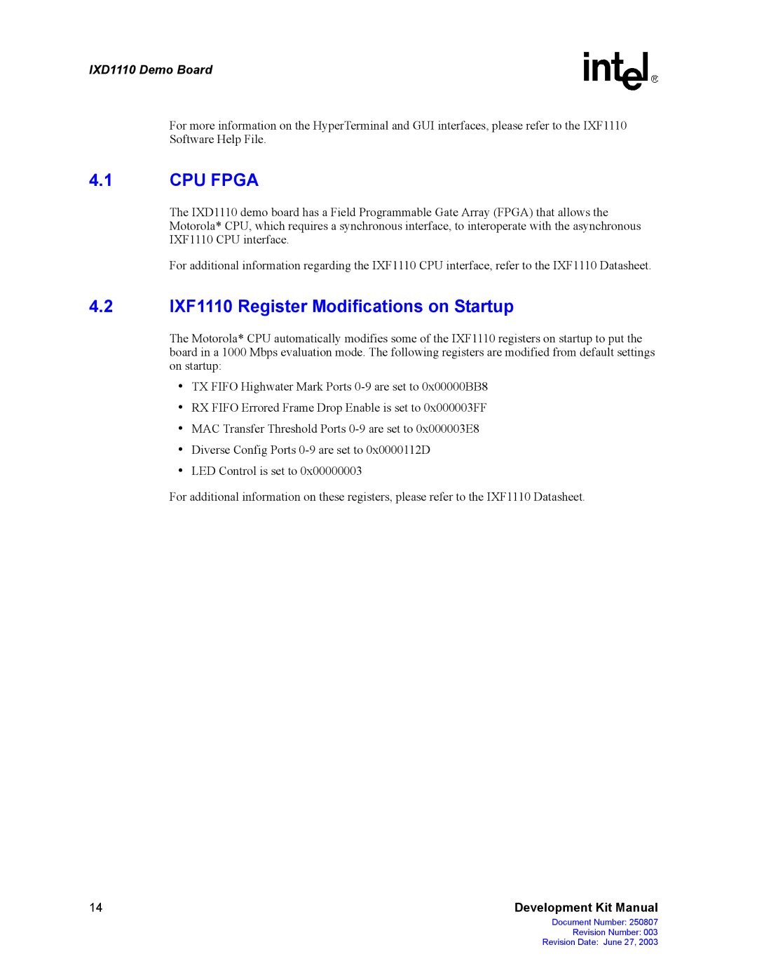 Intel IXD1110 manual CPU Fpga, IXF1110 Register Modifications on Startup 