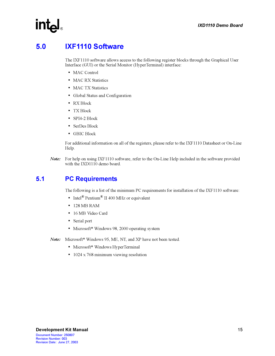 Intel IXD1110 manual IXF1110 Software, PC Requirements 