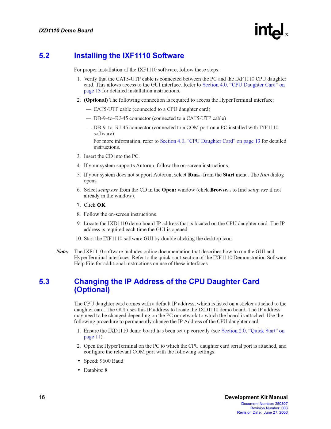 Intel IXD1110 manual Installing the IXF1110 Software, Changing the IP Address of the CPU Daughter Card Optional 