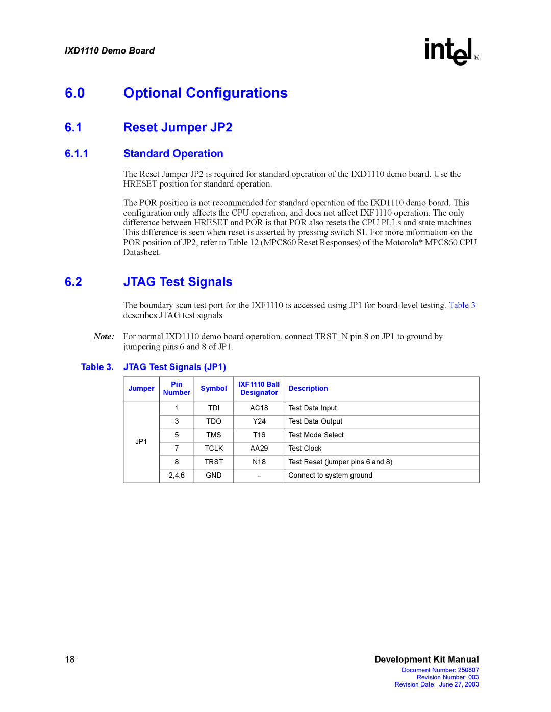 Intel IXD1110 manual Optional Configurations, Reset Jumper JP2, Jtag Test Signals JP1 