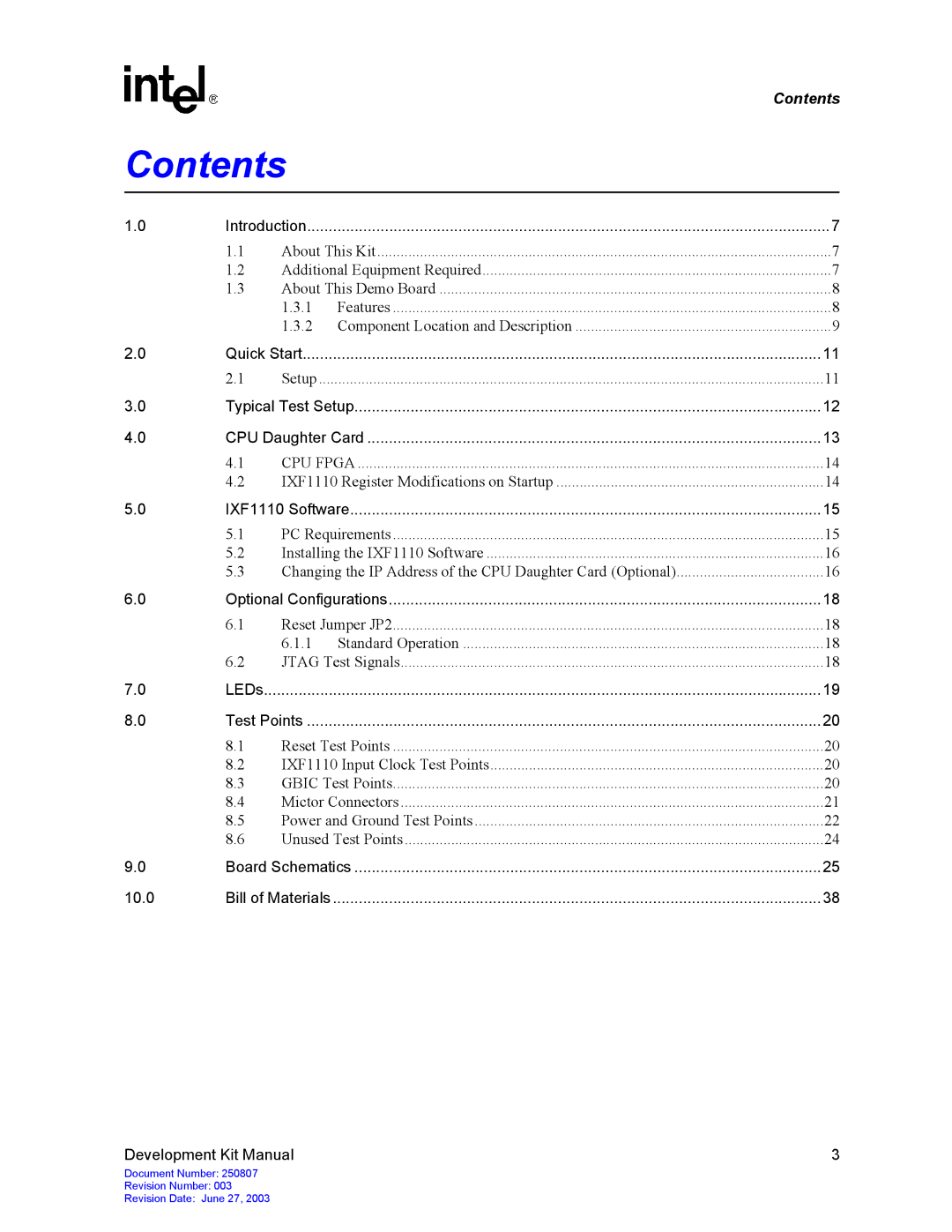 Intel IXD1110 manual Contents 