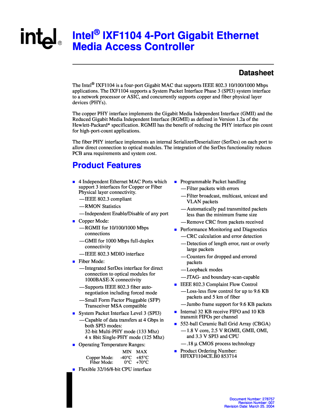 Intel IXF1104 manual Product Features, Datasheet 