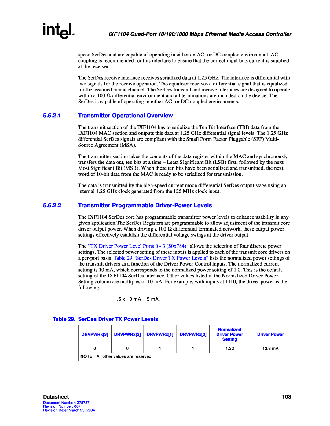 Intel IXF1104 manual 5.6.2.1Transmitter Operational Overview, Datasheet 