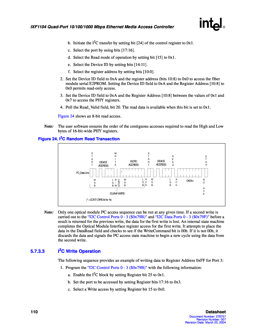 Intel IXF1104 manual 5.7.3.3I2C Write Operation, Datasheet 