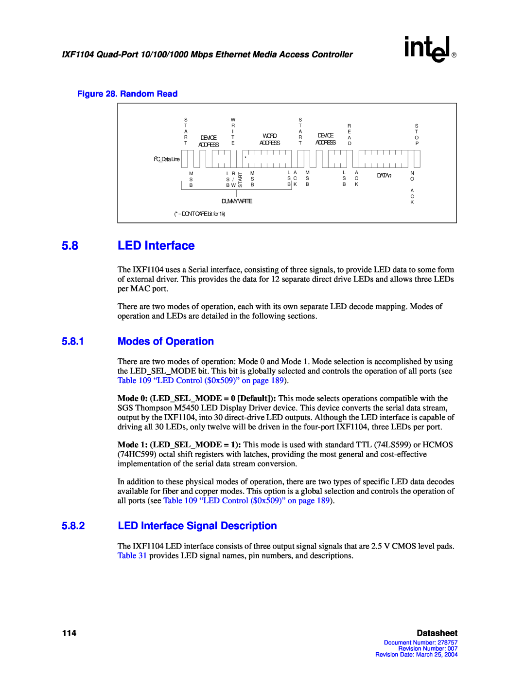 Intel IXF1104 manual 5.8LED Interface, 5.8.1Modes of Operation, 5.8.2LED Interface Signal Description, Datasheet 