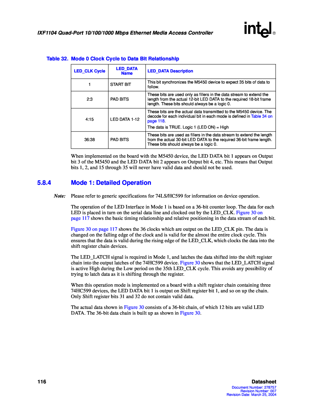 Intel IXF1104 manual 5.8.4Mode 1: Detailed Operation, Datasheet 