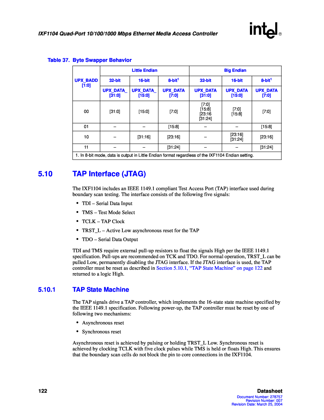 Intel IXF1104 manual 5.10TAP Interface JTAG, 5.10.1TAP State Machine, Datasheet 