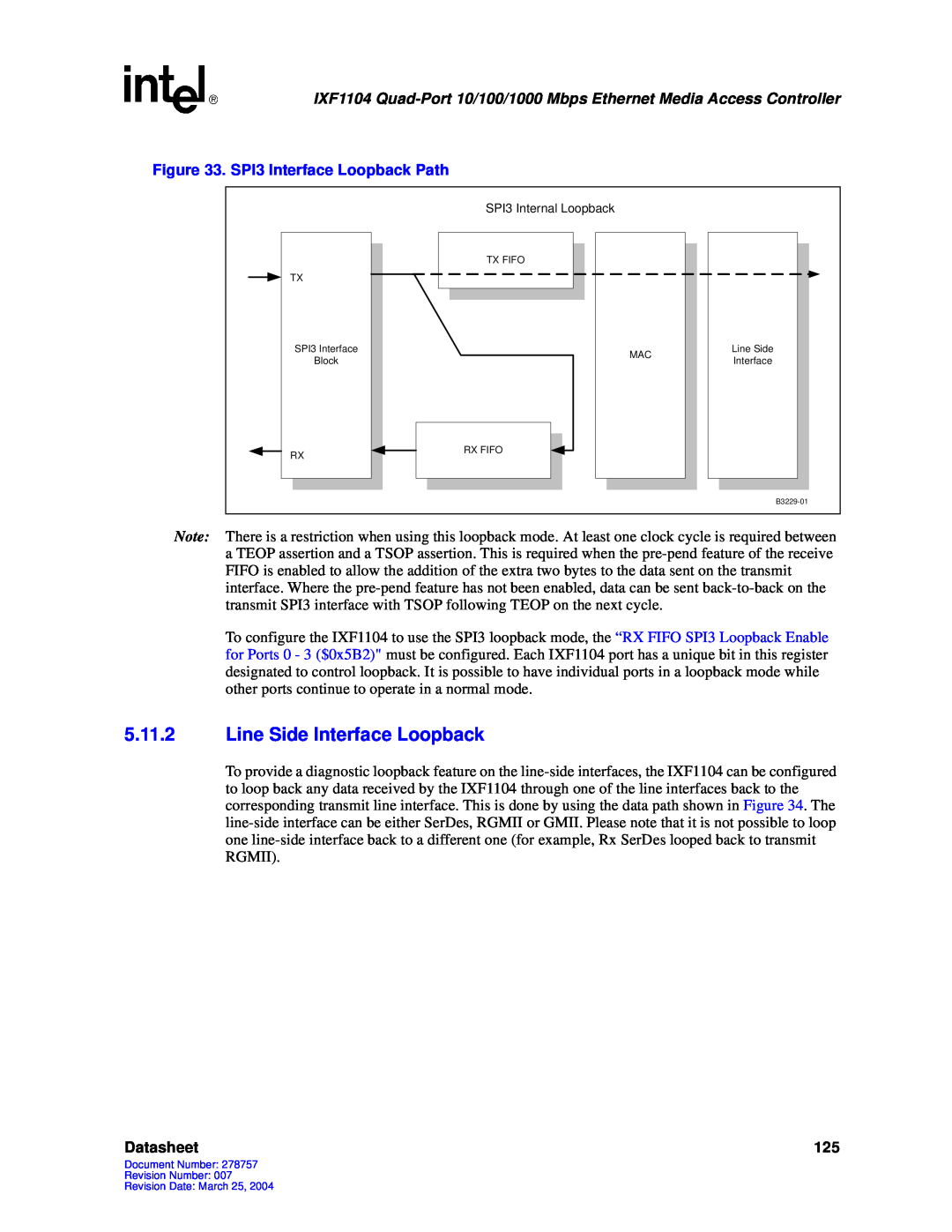 Intel IXF1104 manual 5.11.2Line Side Interface Loopback, Datasheet 