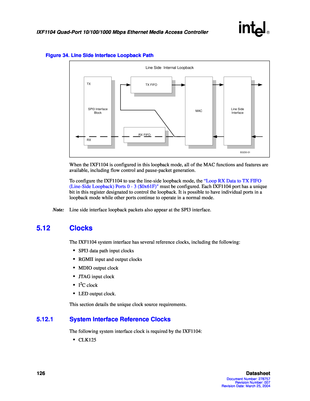 Intel IXF1104 manual 5.12Clocks, 5.12.1System Interface Reference Clocks, Datasheet 