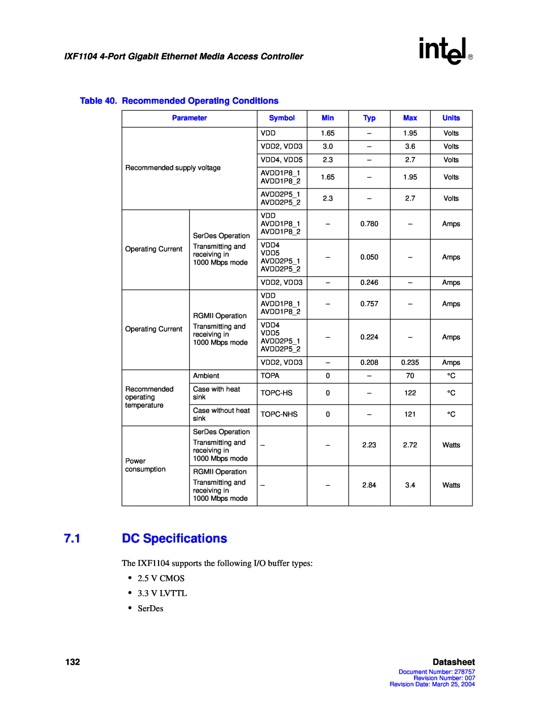 Intel IXF1104 manual 7.1DC Specifications, Datasheet 