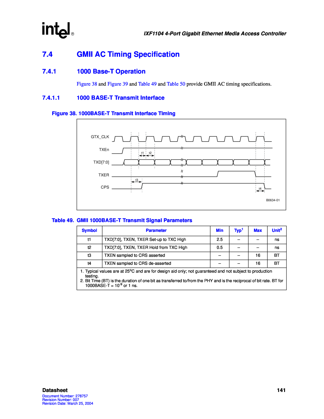 Intel IXF1104 manual 7.4GMII AC Timing Specification, Base-TOperation, BASE-TTransmit Interface, Datasheet 