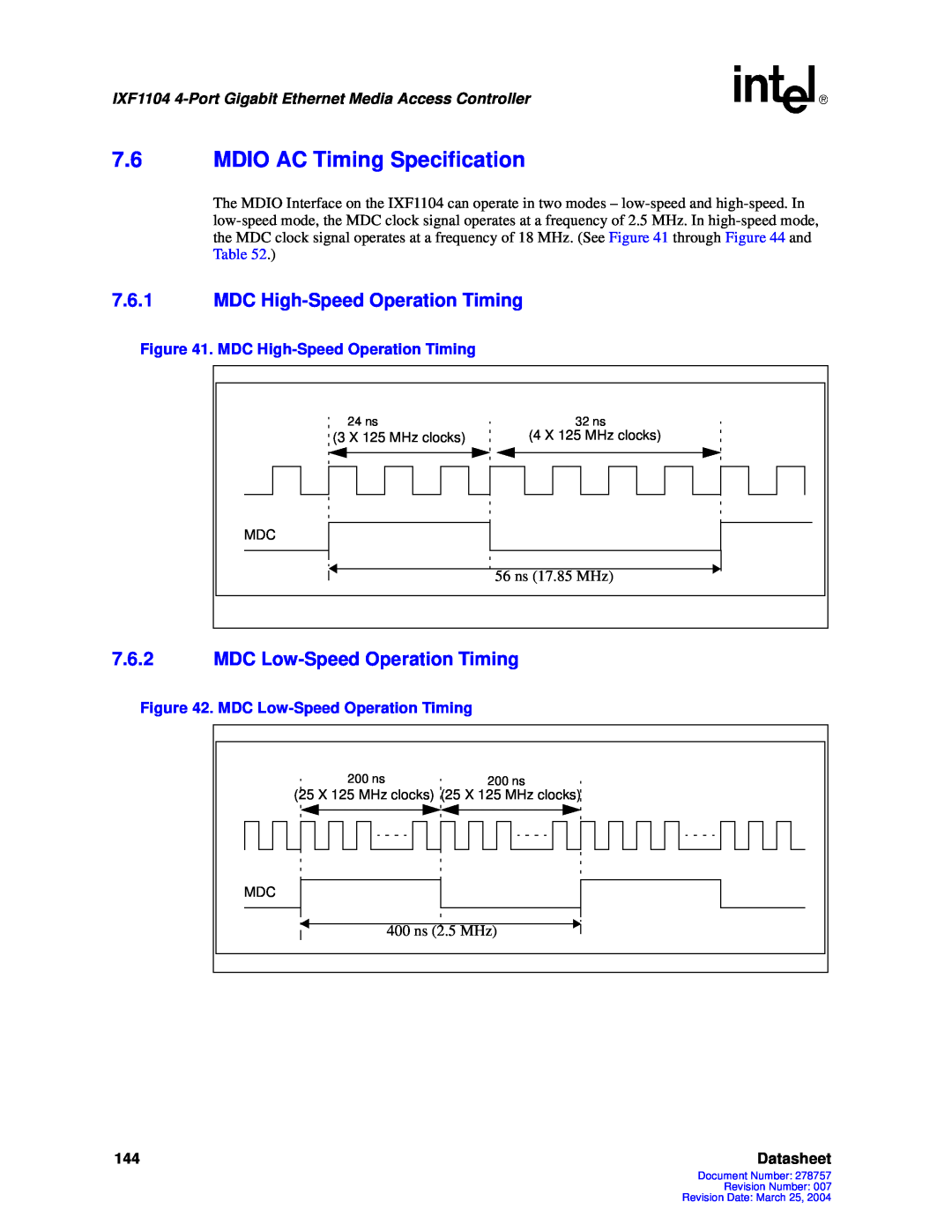 Intel IXF1104 7.6MDIO AC Timing Specification, 7.6.1MDC High-SpeedOperation Timing, 7.6.2MDC Low-SpeedOperation Timing 