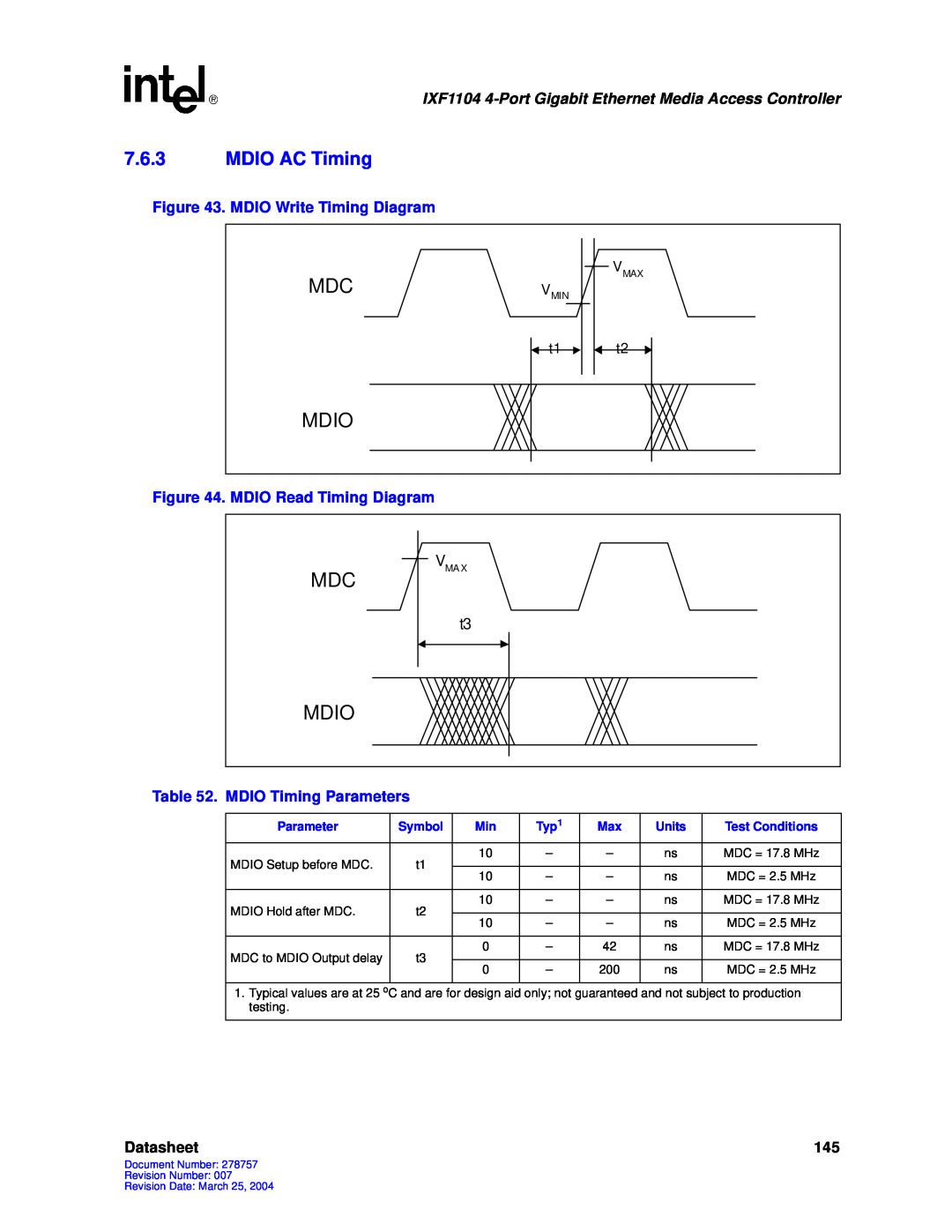 Intel IXF1104 manual 7.6.3MDIO AC Timing, Mdc Mdio, Datasheet 