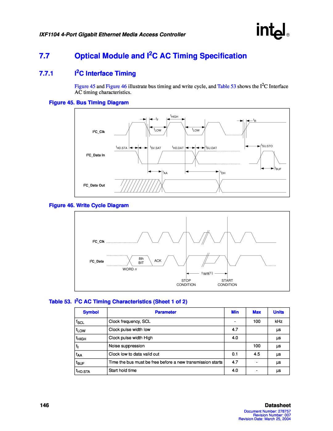 Intel IXF1104 manual 7.7Optical Module and I2C AC Timing Specification, 7.7.1I2C Interface Timing, Datasheet 