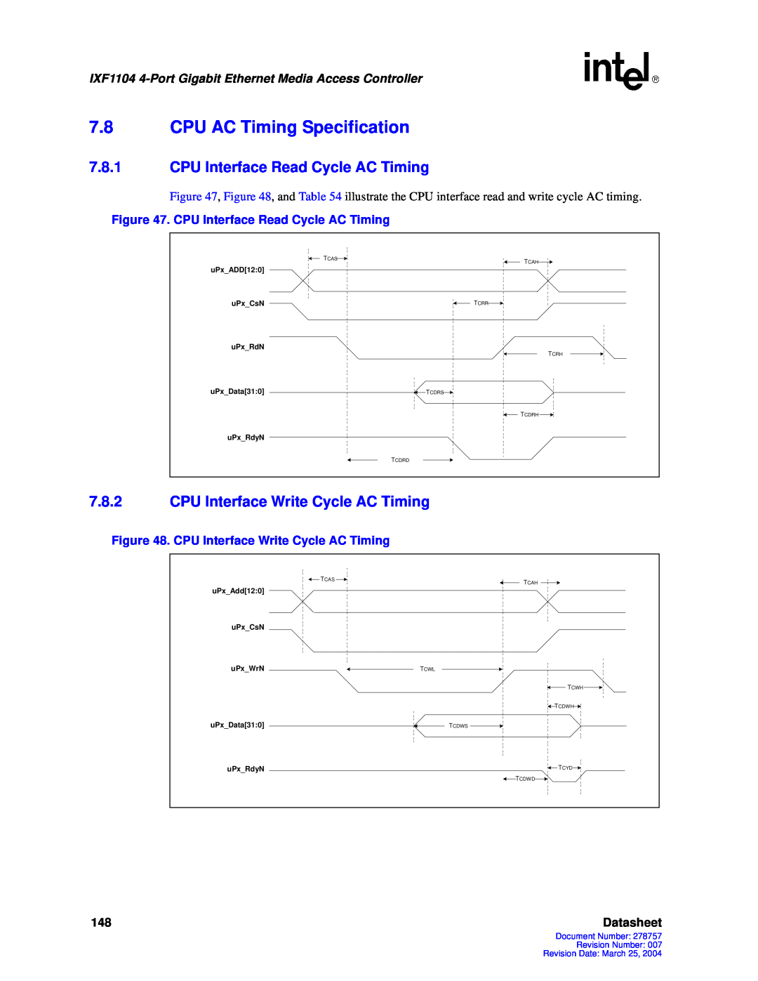 Intel IXF1104 7.8CPU AC Timing Specification, 7.8.1CPU Interface Read Cycle AC Timing, Datasheet, uPx_ADD12:0, uPx_CsN 