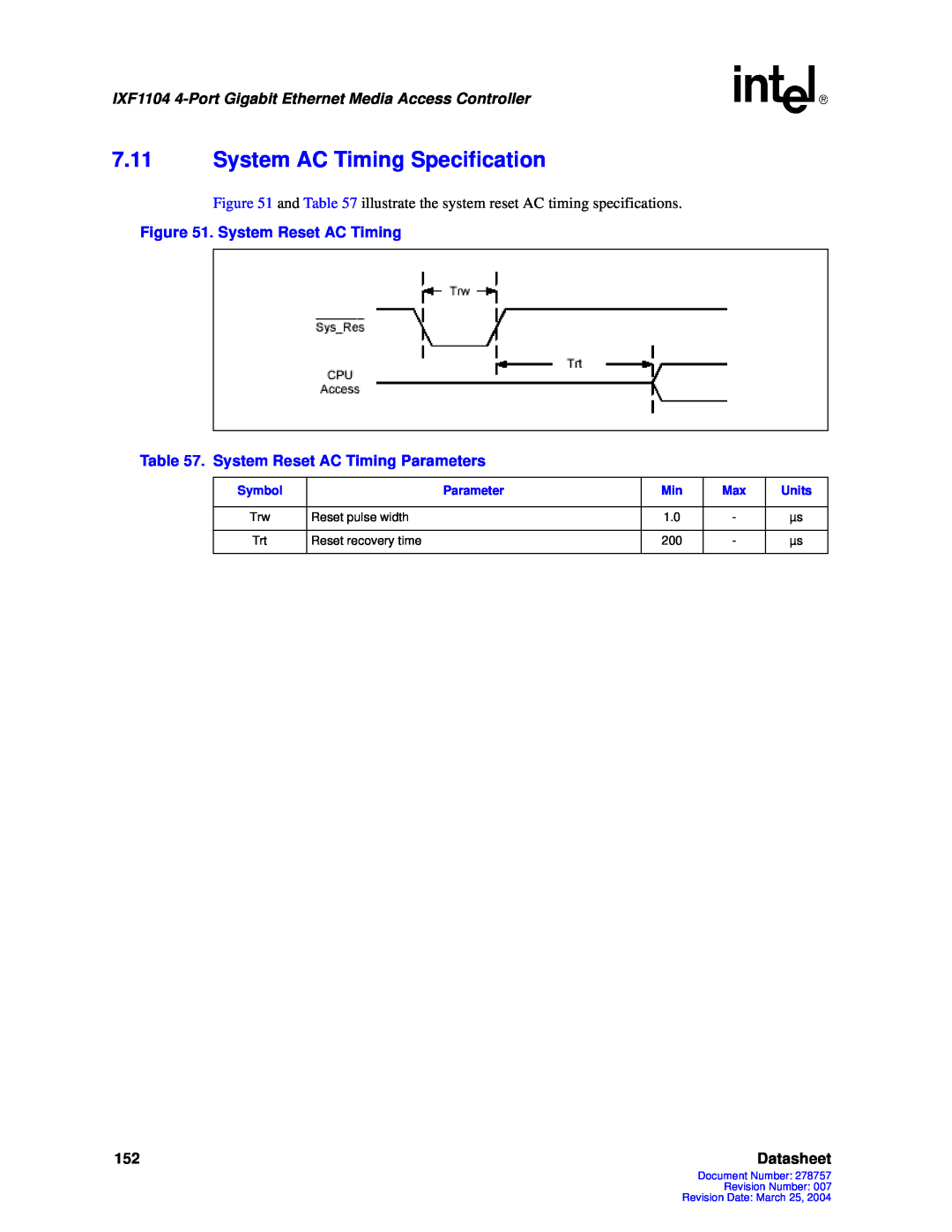 Intel IXF1104 manual 7.11System AC Timing Specification, Datasheet 