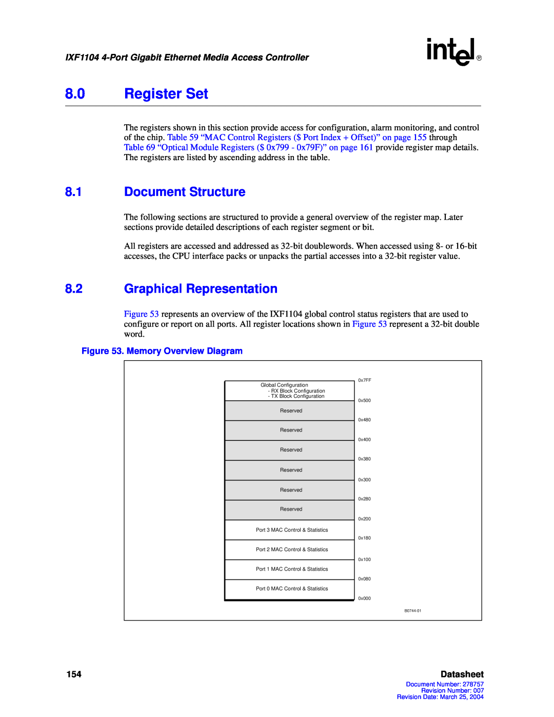 Intel IXF1104 manual 8.0Register Set, 8.1Document Structure, 8.2Graphical Representation, Datasheet 