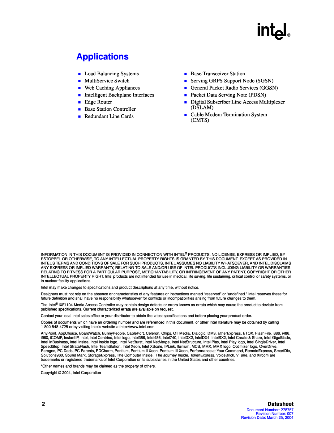 Intel IXF1104 manual Applications, Datasheet 