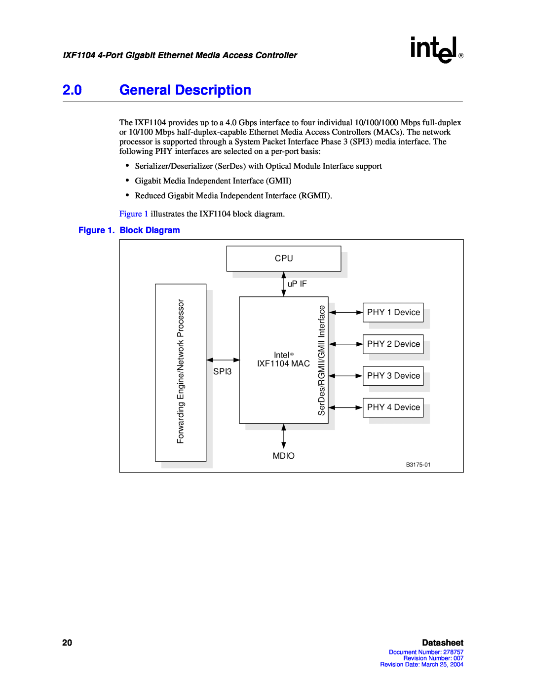 Intel IXF1104 manual 2.0General Description, Datasheet 