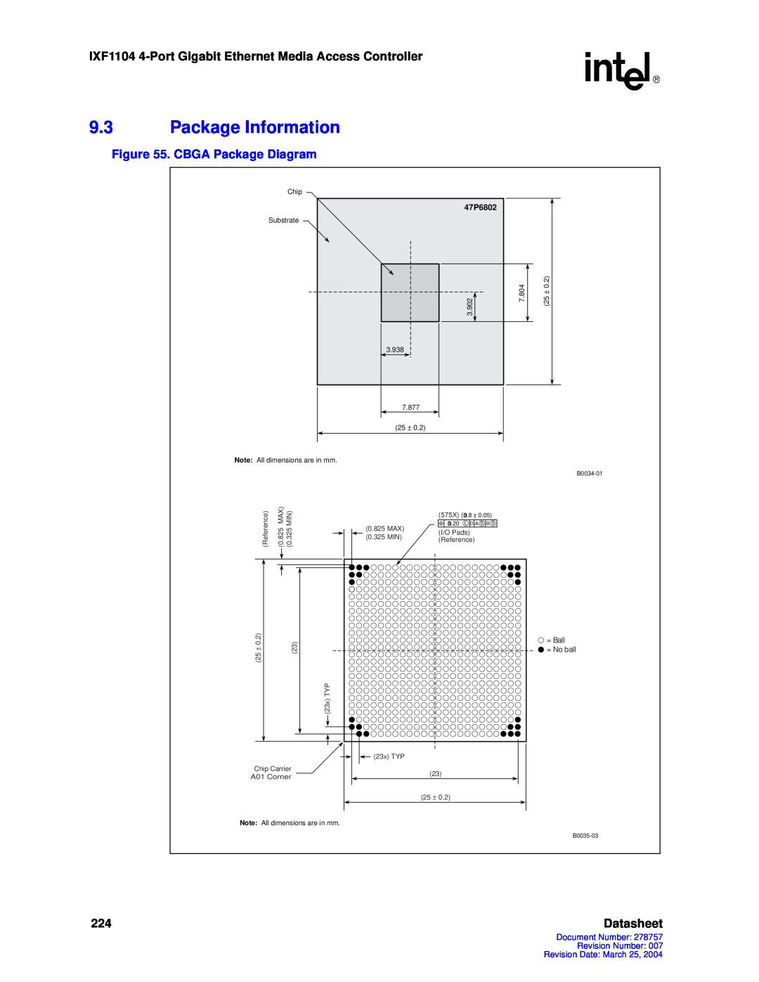 Intel IXF1104 manual 9.3Package Information, Datasheet, = Ball, = No ball 