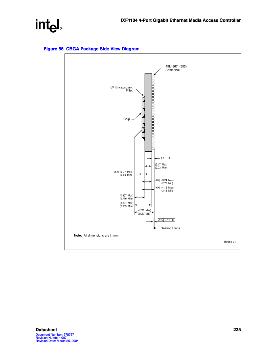 Intel IXF1104 manual CBGA Package Side View Diagram, Datasheet 