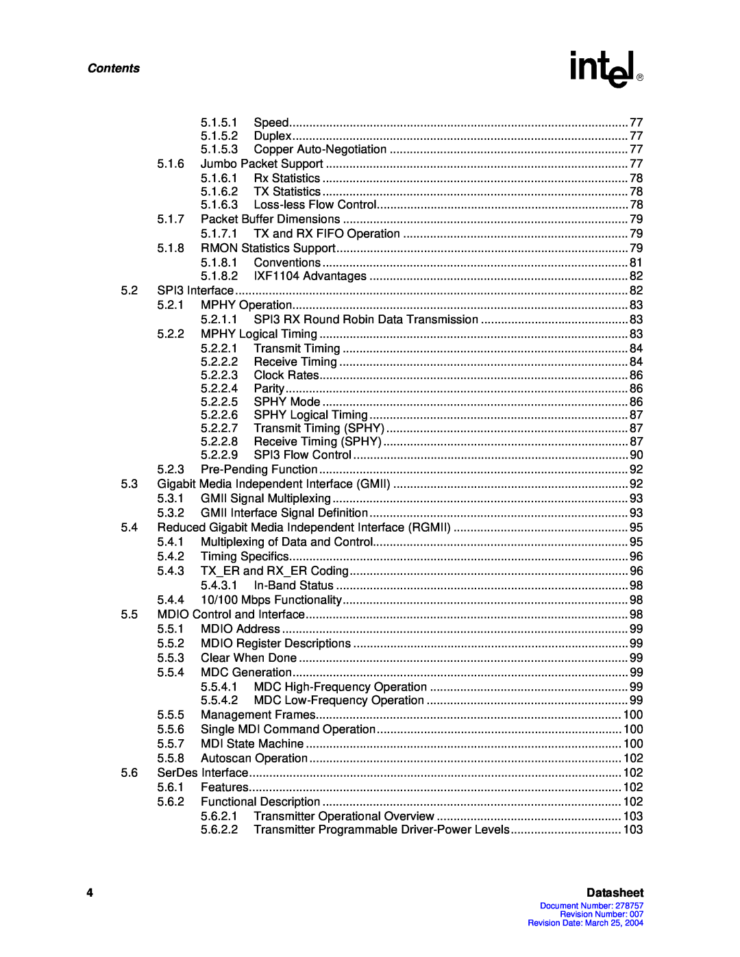 Intel IXF1104 manual Contents, Datasheet 