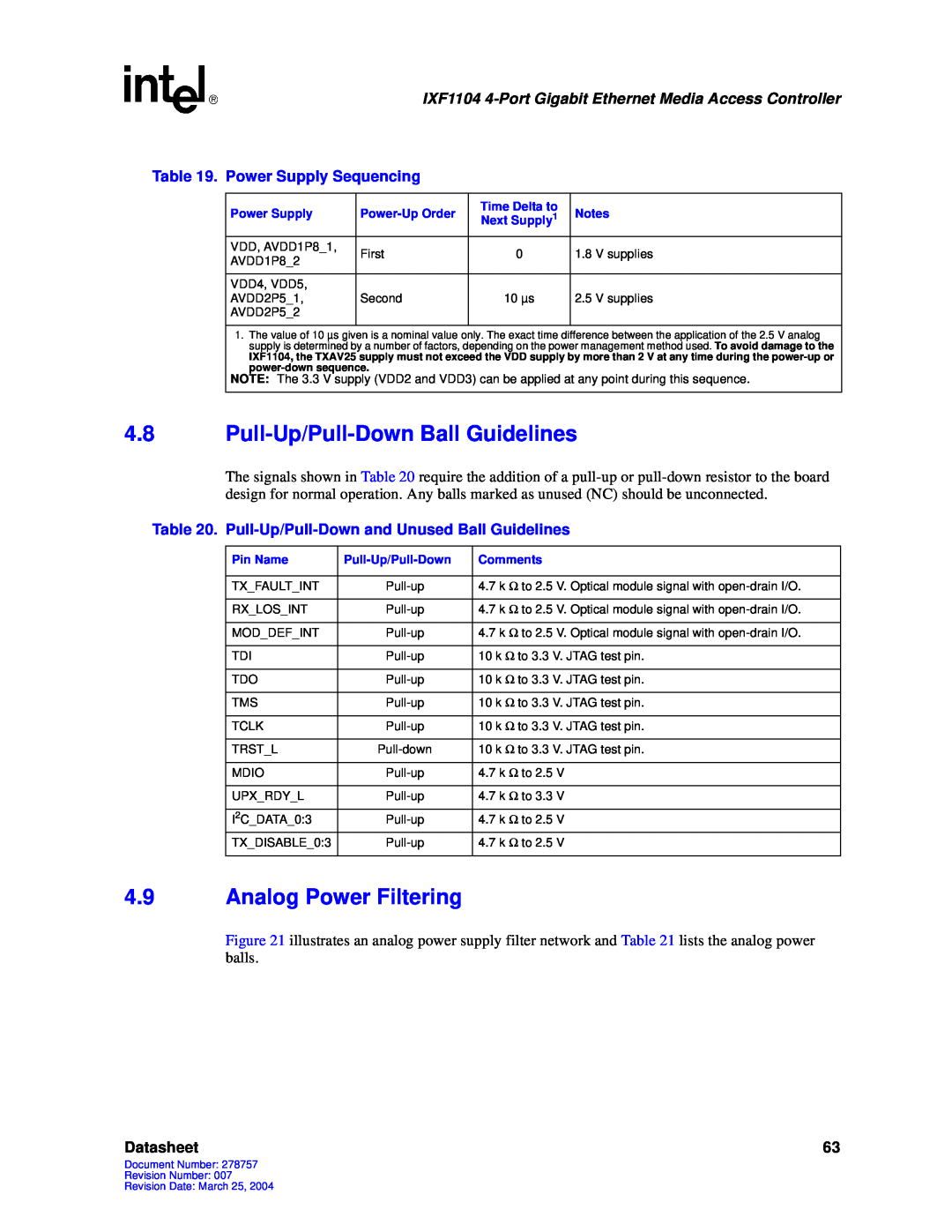 Intel IXF1104 manual 4.8Pull-Up/Pull-DownBall Guidelines, 4.9Analog Power Filtering, Datasheet 