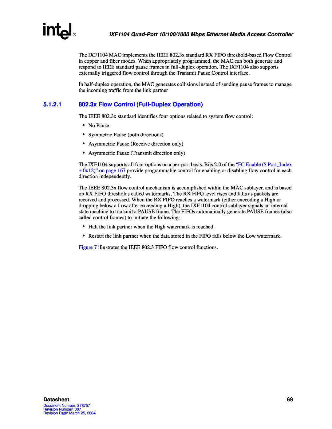 Intel IXF1104 manual 5.1.2.1802.3x Flow Control Full-DuplexOperation, Datasheet 