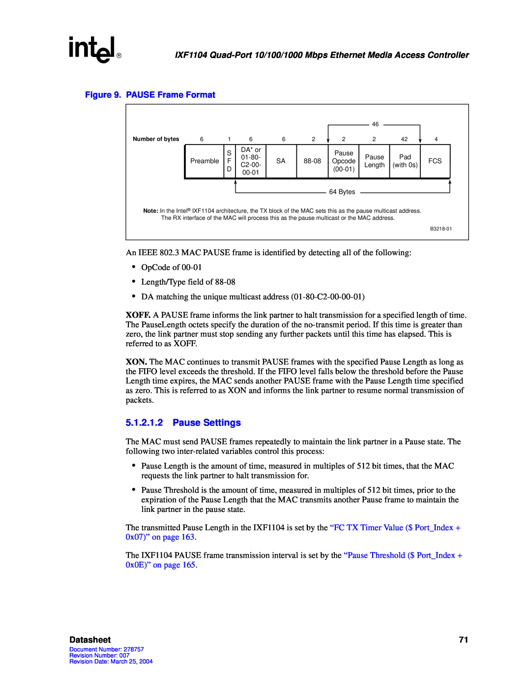 Intel IXF1104 manual 5.1.2.1.2Pause Settings, Datasheet 