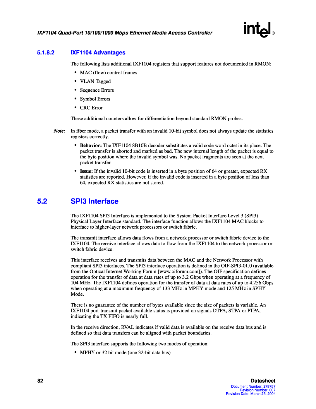 Intel manual 5.2SPI3 Interface, 5.1.8.2IXF1104 Advantages, Datasheet 
