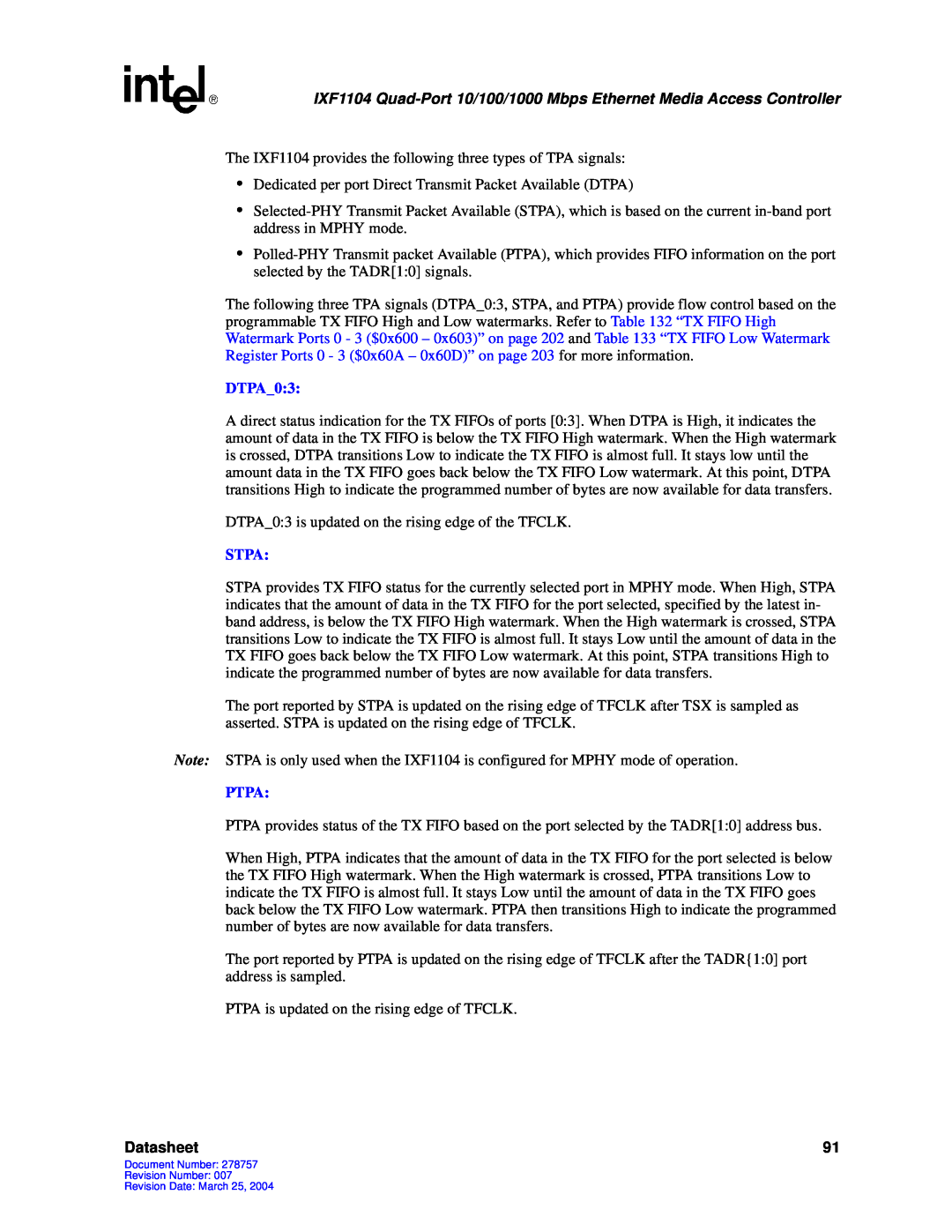 Intel IXF1104 manual DTPA_0:3, Stpa, Ptpa, Datasheet 