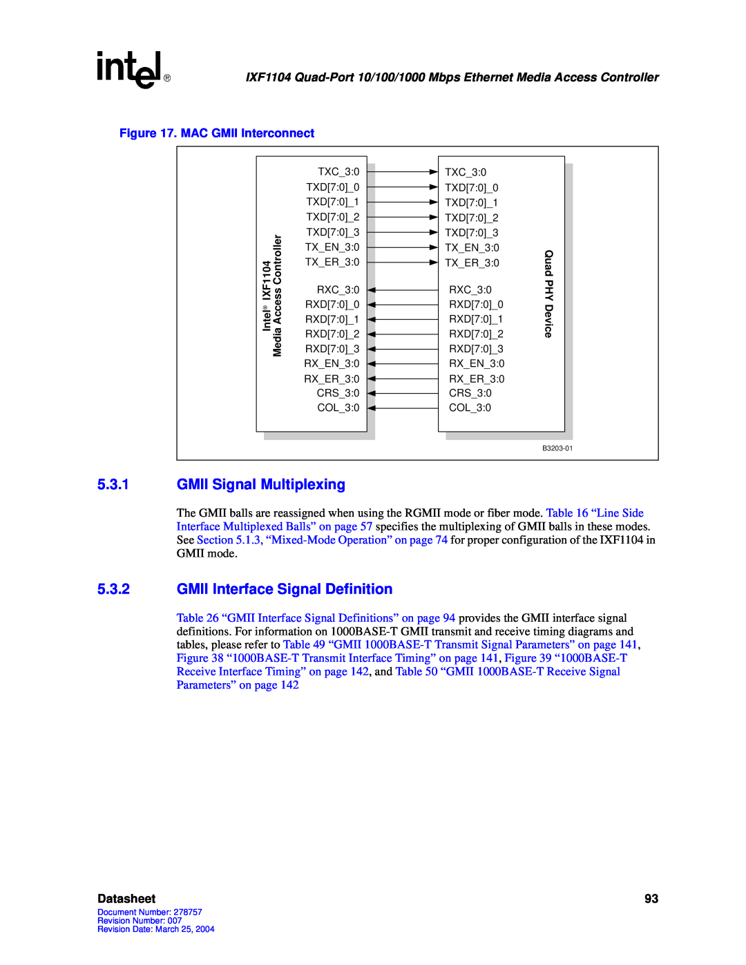 Intel IXF1104 manual 5.3.1GMII Signal Multiplexing, 5.3.2GMII Interface Signal Definition, Datasheet 
