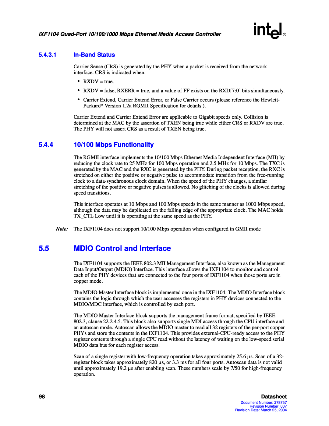 Intel IXF1104 manual 5.5MDIO Control and Interface, 5.4.410/100 Mbps Functionality, 5.4.3.1In-BandStatus, Datasheet 
