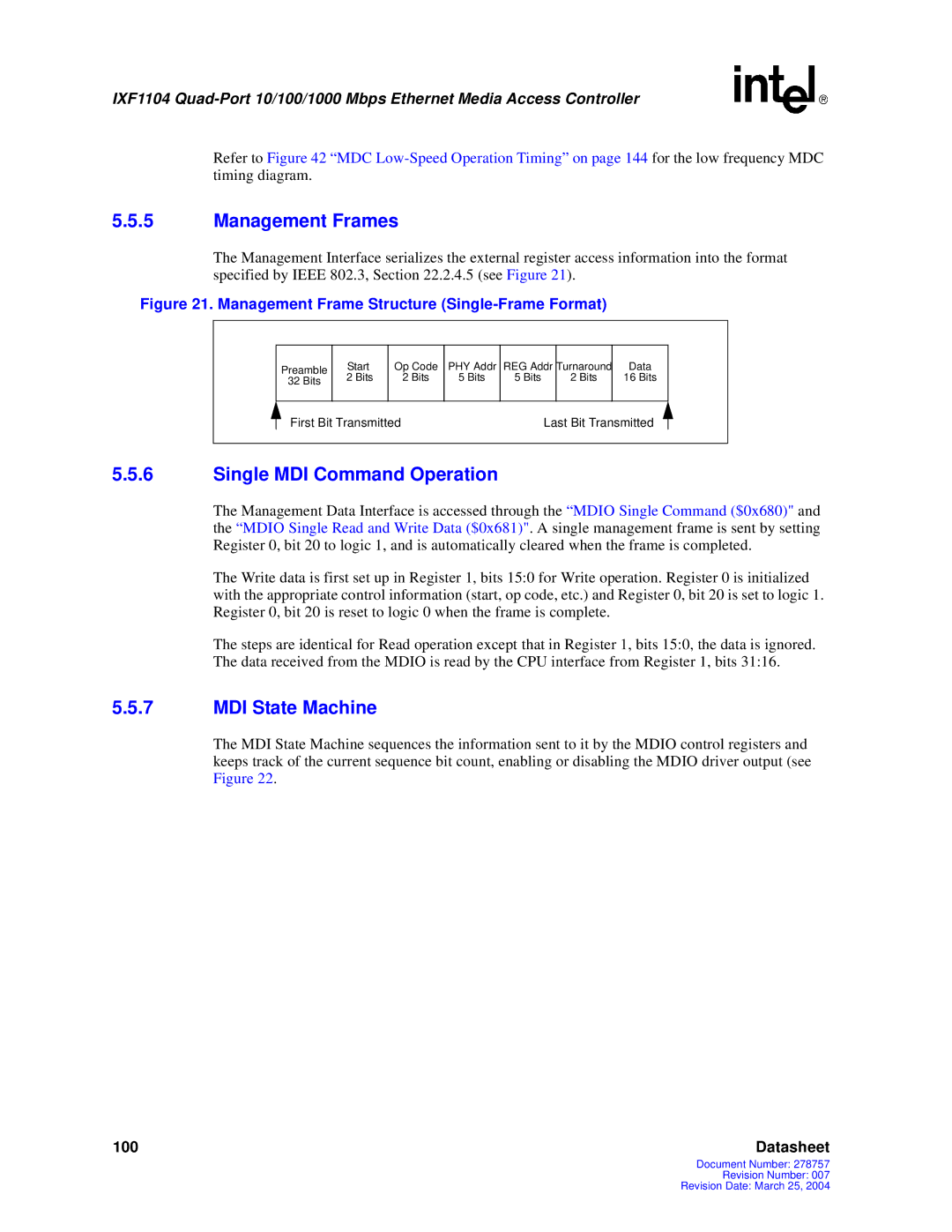 Intel IXF1104 manual Management Frames, Single MDI Command Operation, MDI State Machine 