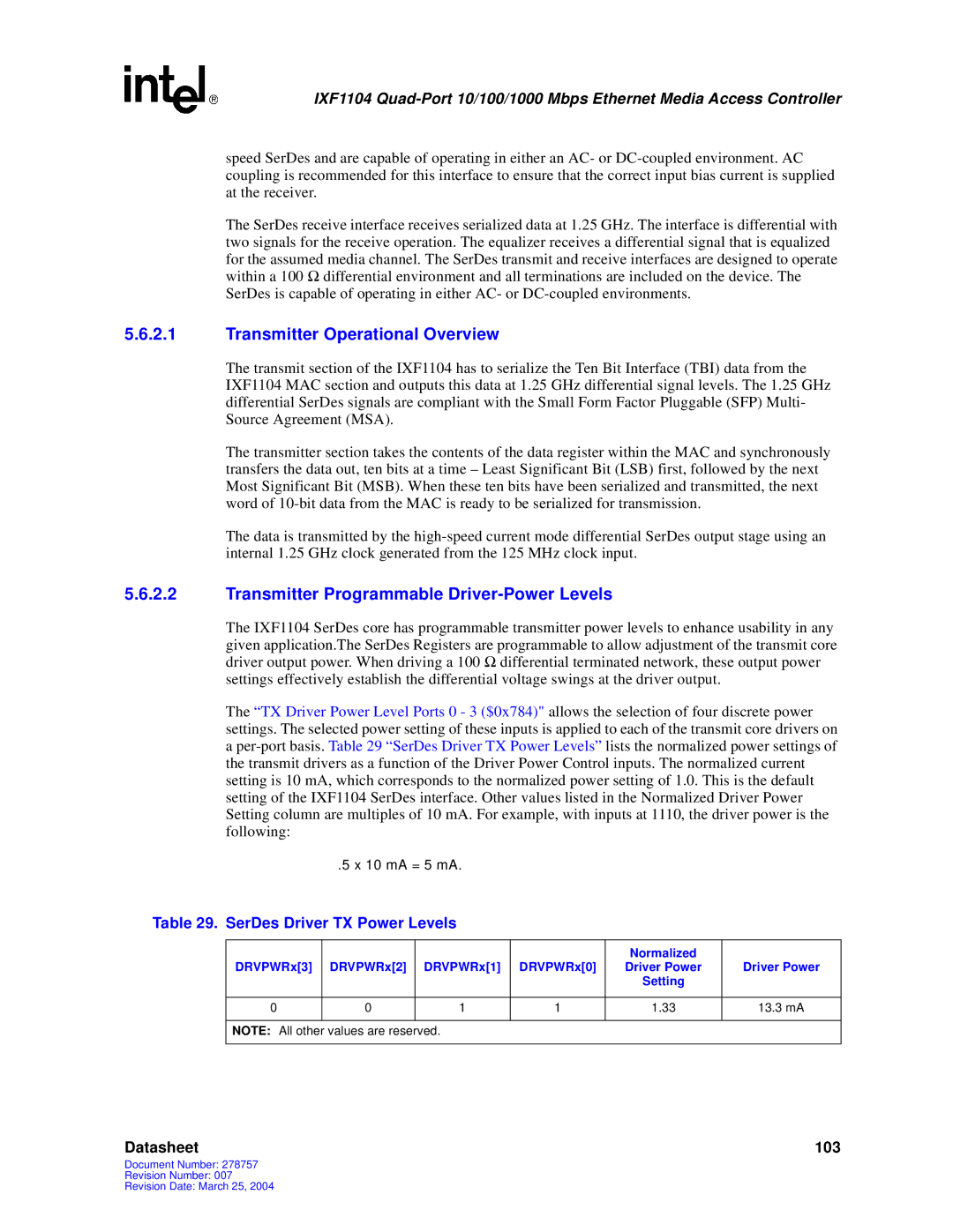 Intel IXF1104 manual Transmitter Operational Overview, Transmitter Programmable Driver-Power Levels 