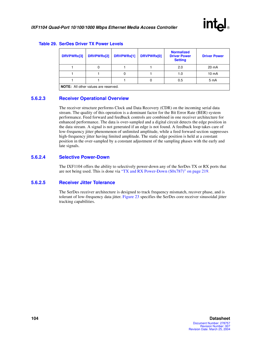 Intel IXF1104 manual Receiver Operational Overview, Selective Power-Down, Receiver Jitter Tolerance 