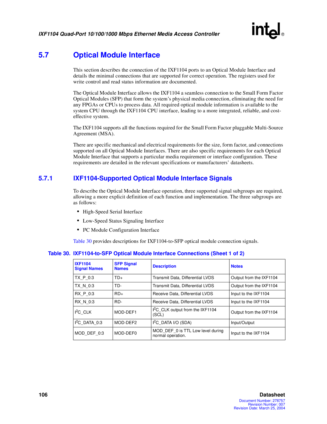 Intel manual 1 IXF1104-Supported Optical Module Interface Signals, IXF1104 SFP Signal Description Signal Names 