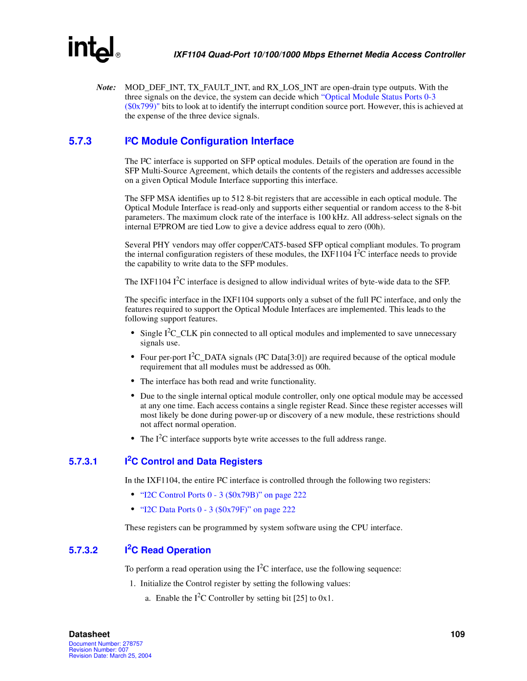 Intel IXF1104 manual 3 I²C Module Configuration Interface, 3.1 I2C Control and Data Registers, 3.2 I2C Read Operation 