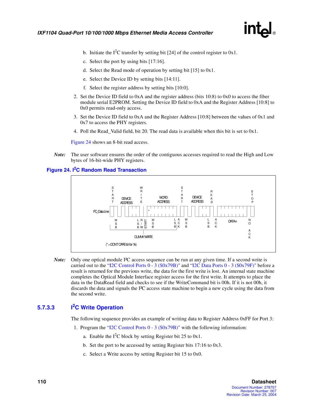 Intel IXF1104 manual 3.3 I2C Write Operation, I2C Random Read Transaction 